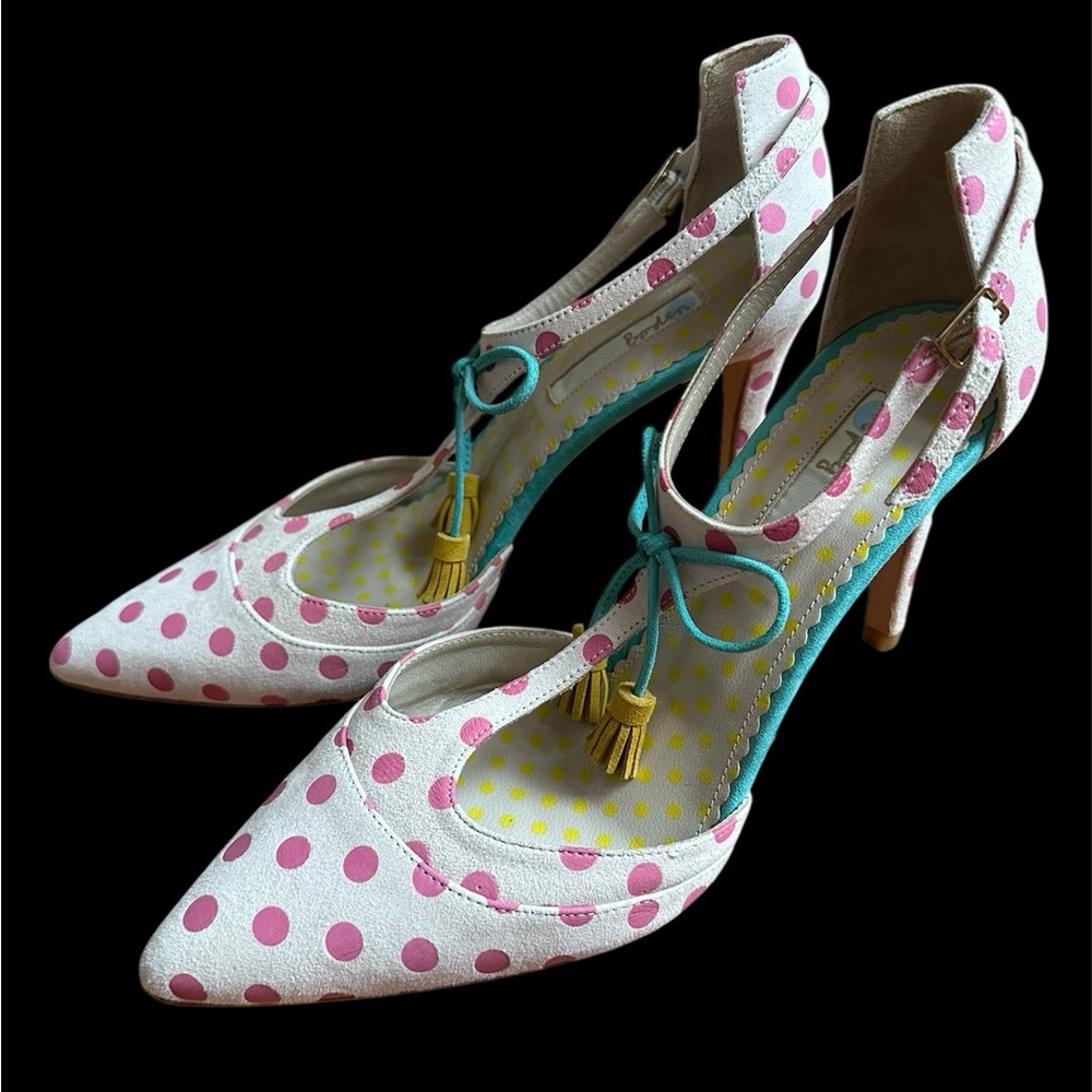 Boden Alice T Strap Suede Leather Polka Dot Pumps Women’s Size 9M Pointed Toe